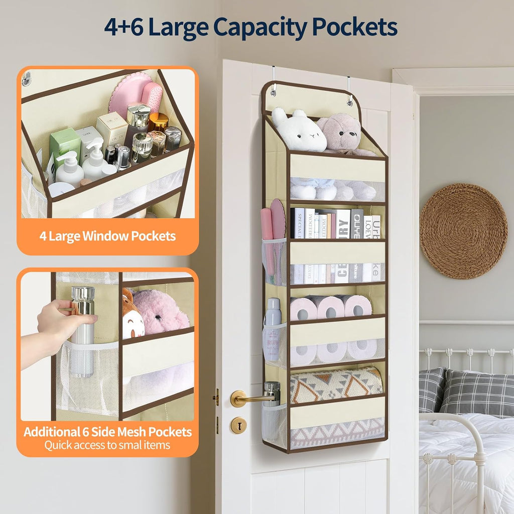 Yecaye Over The Door Organizer, Heavy Duty Hanging Organizers and Storage with 4 Large Capacity Pockets, Swing-Proof Behind The Door Storage for Bathroom Nursery Bedroom Dorm Closet, Beige,1Pc