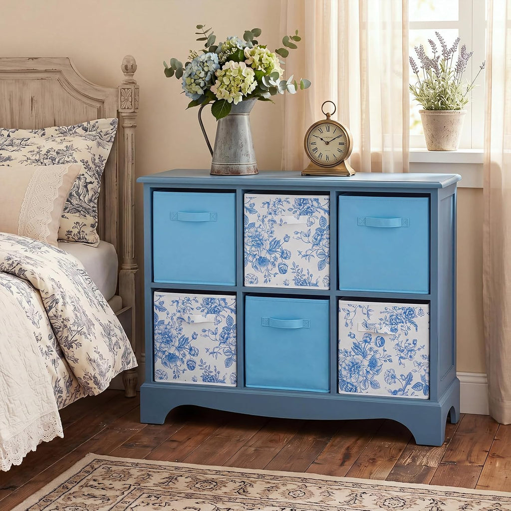 Geelin 6 Pcs Blue and Blue Floral Cube Storage Bins 11 Inch Storage Basket