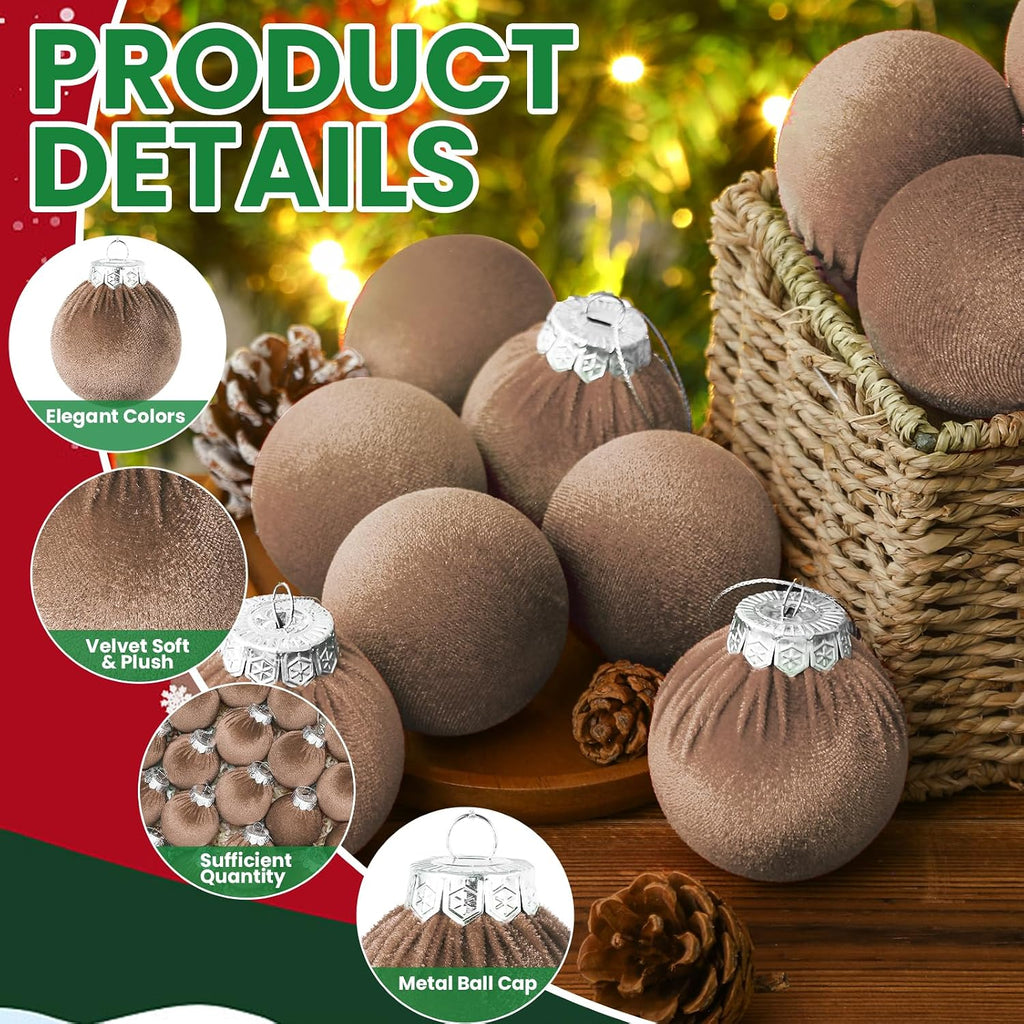 Velvet Christmas Balls Set 30pcs Champagne Velvet Christmas Tree Ornaments Shatterproof Xmas Hanging Balls Decorative Hanging for Xmas Holiday Family Home Store Indoor Decor 2.4inch