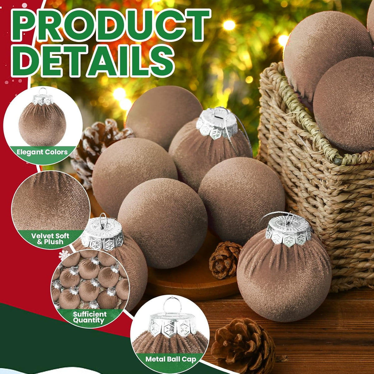 Velvet Christmas Balls Set 30pcs Champagne Velvet Christmas Tree Ornaments Shatterproof Xmas Hanging Balls Decorative Hanging for Xmas Holiday Family Home Store Indoor Decor 2.4inch
