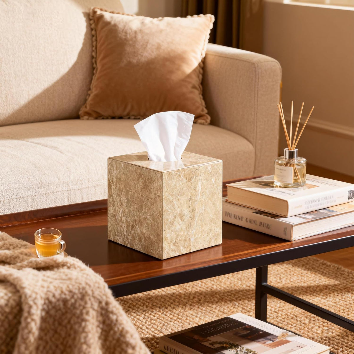 Natural Marble Tissue Box Holder Cover with Open Bottom