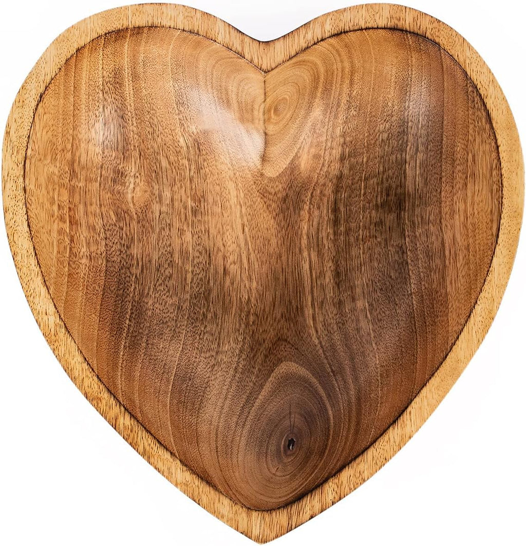 WitnyStore Heart Shaped Wood Bowl 10" Brown Handcrafted Wooden Bowls Collectible Functional Serving Tray Dish Plate Hand Made Decorative Tableware for Candy Nuts Dessert Fruit Home Décor Accents Gifts