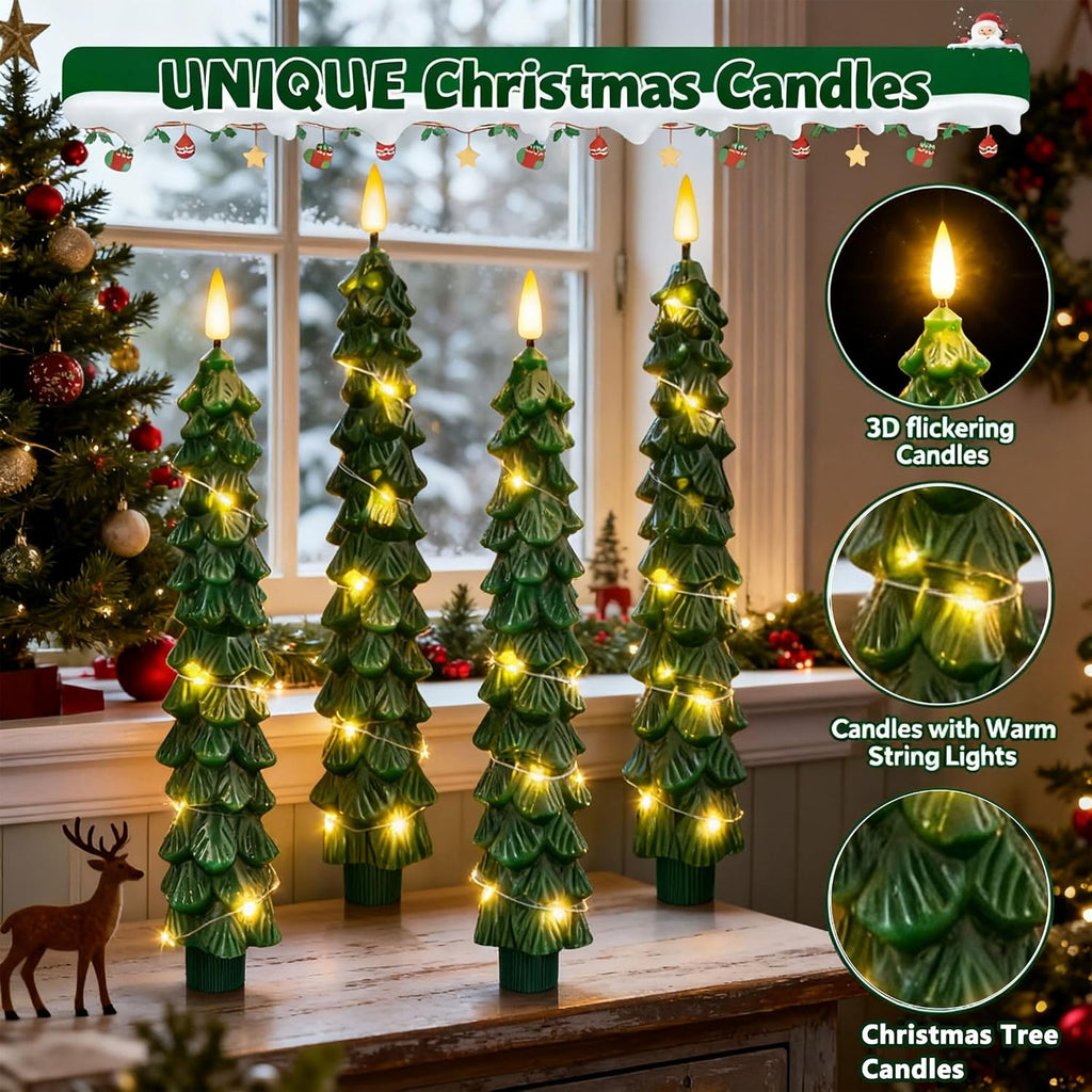 4Pcs Christmas Tree Taper Candles, Flameless Christmas Tree Candles with Remote, LED Battery Operated Candle with String Lights, 3D Flickering Candlesticks for Home Dinner Christmas Decorations