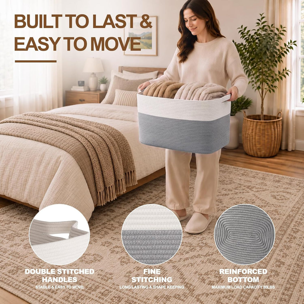 OIASKET Blanket Basket for Living Room, Cotton Rope Basket for Storage, Toy Baskets Bin for kids, Woven Baskets with Handles for Clothes, Towels, Pillows, 20" x 16" x 12", Grey and White