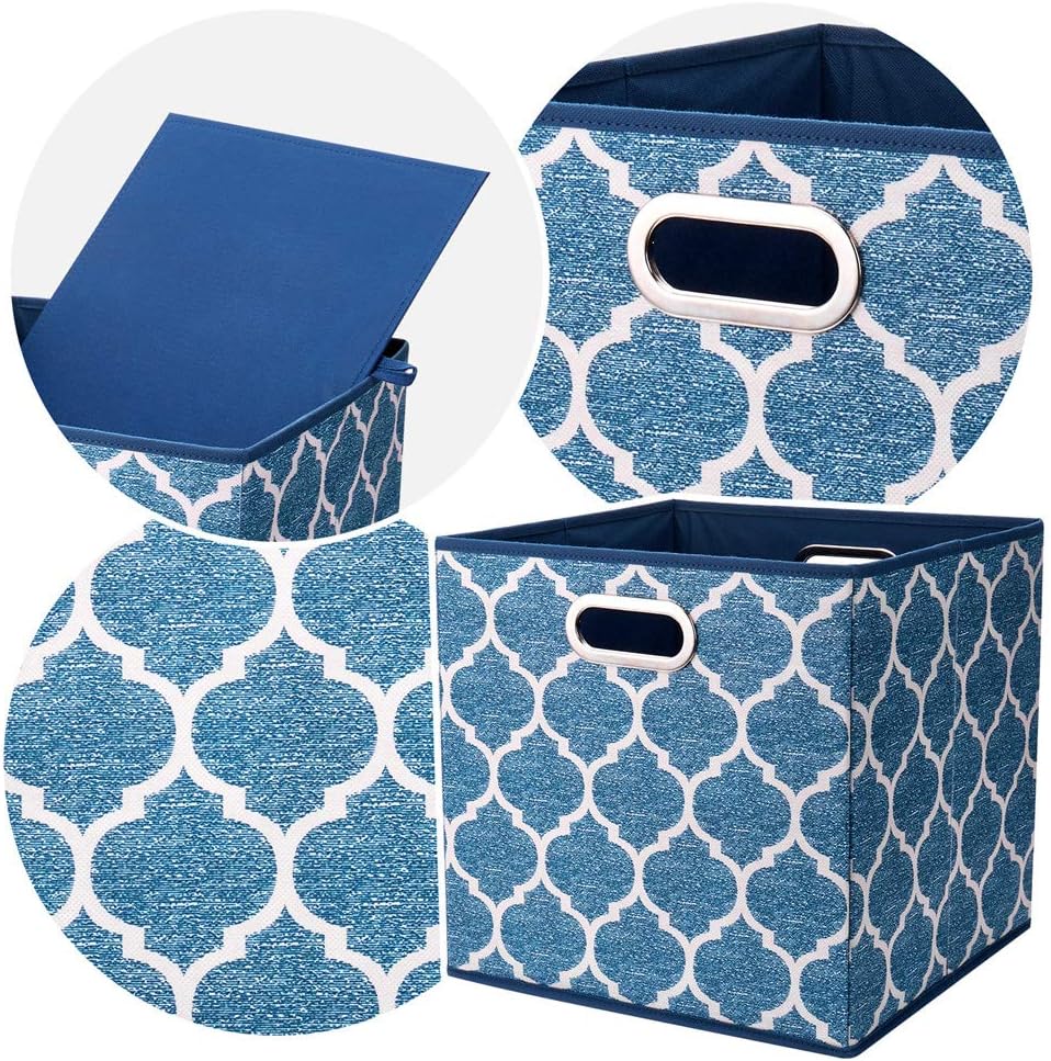 13x13x13 Inch Cube Storage Bins Blue Navy Foldable Grid Lantern Print Fabric Storage Basketes for Home Organizers Storage Drawer,QY-SC02-6