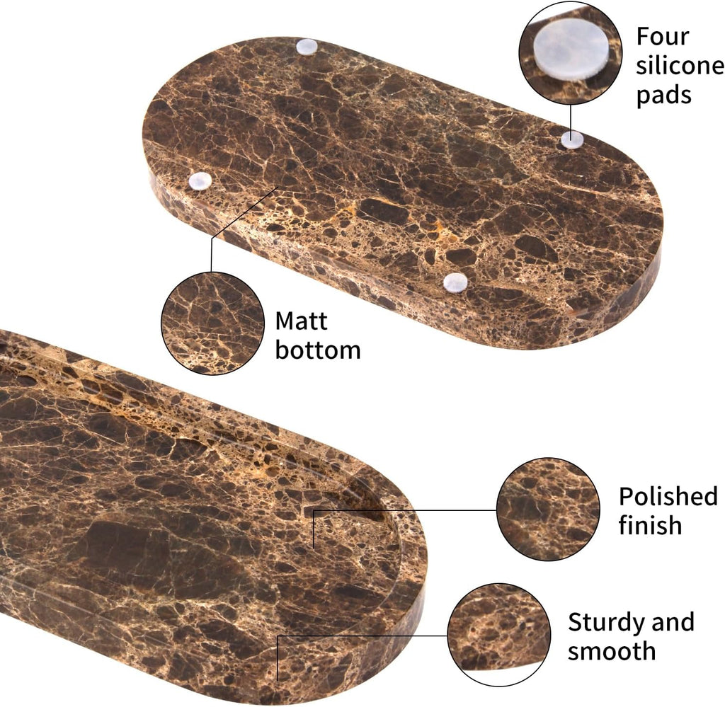 Oval Marble Bathroom Vanity Tray, Dark Brown, 10" x 5" x 0.6"