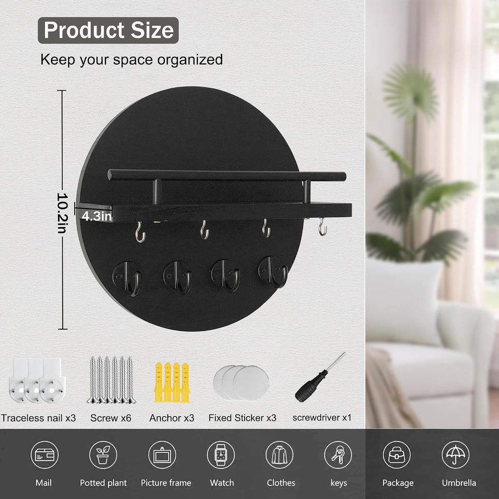10.2" Key Holder Wall Mount with Shelf & Mail Organizer, 8 Hooks Black