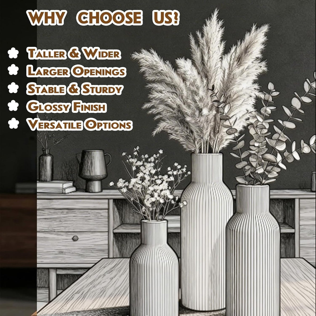 Beige Ceramic Flower Vases Set of 3, Modern Smooth Ribbed Texture, Nordic Minimalist Decor for Pampas, Dried & Fresh Flowers, Centerpiece for Living Room, Shelf, Entryway, Wedding