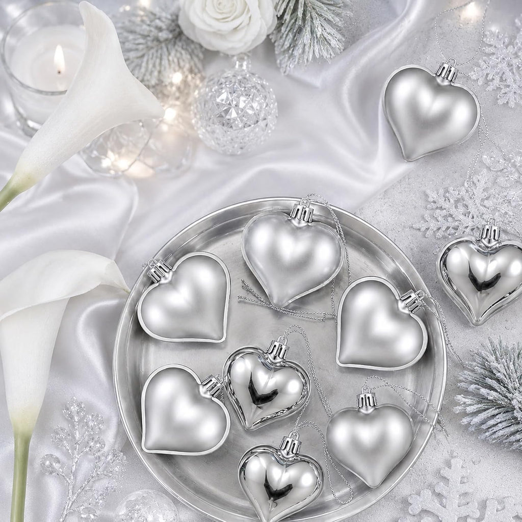 Set of 12 Silver Heart Ornaments for Christmas Valentine Tree Decorations, 1.8 inch Mini Valentines Ornaments for Small Tree, Heart Shaped Plastic Shatterproof Hanging Balls Holiday Party Decor