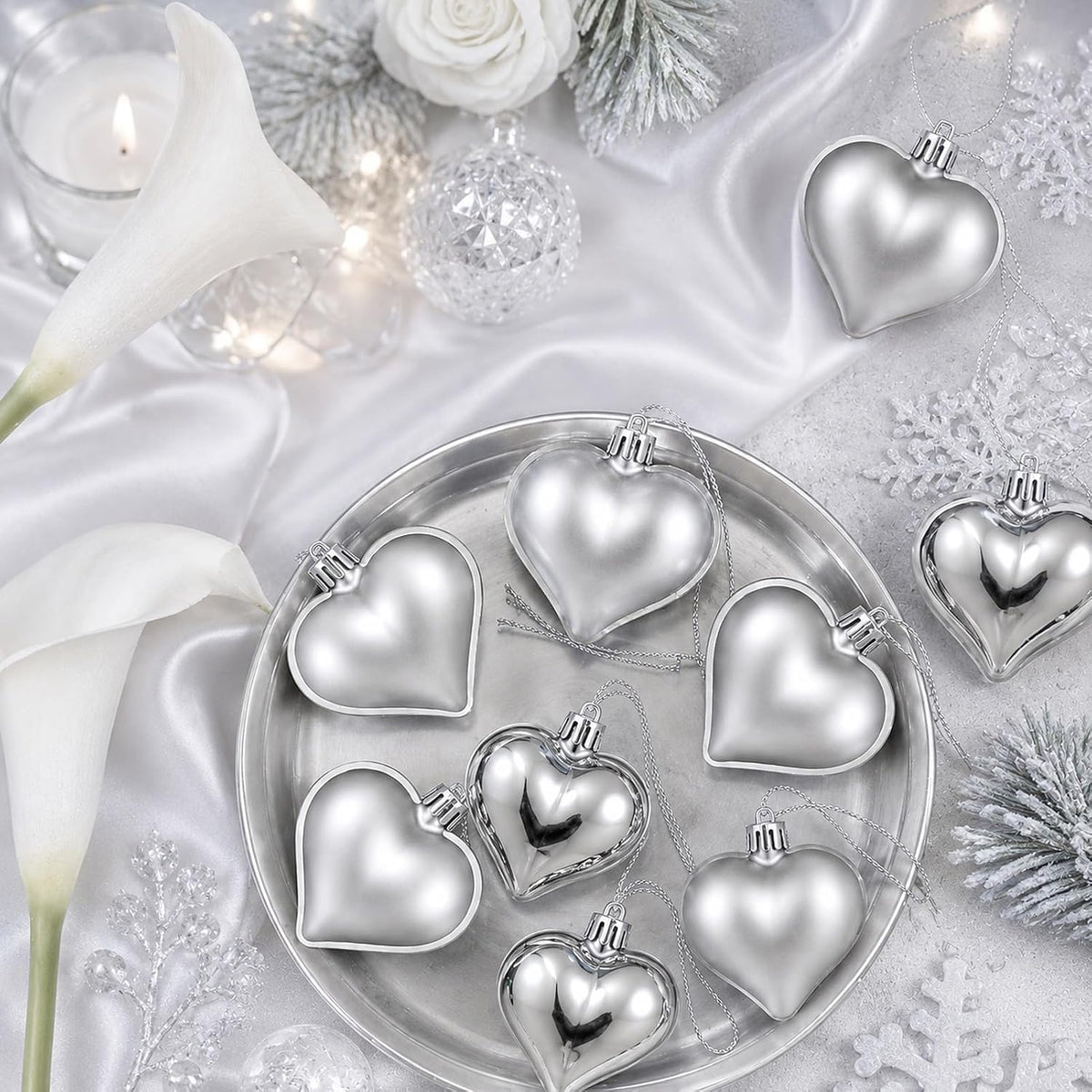 Set of 12 Silver Heart Ornaments for Christmas Valentine Tree Decorations, 1.8 inch Mini Valentines Ornaments for Small Tree, Heart Shaped Plastic Shatterproof Hanging Balls Holiday Party Decor