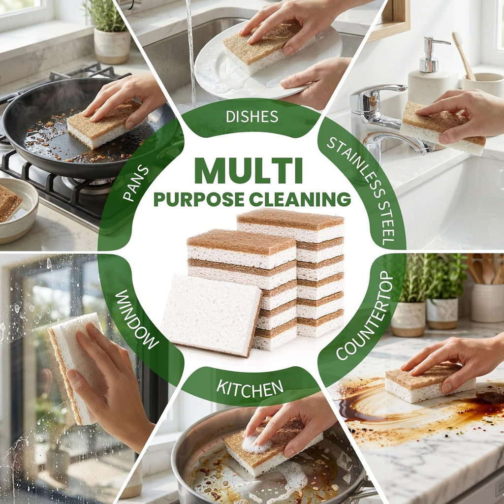 Metflavor Kitchen Sponges, 12 Count, Natural Sponge with Coconut Scrubber