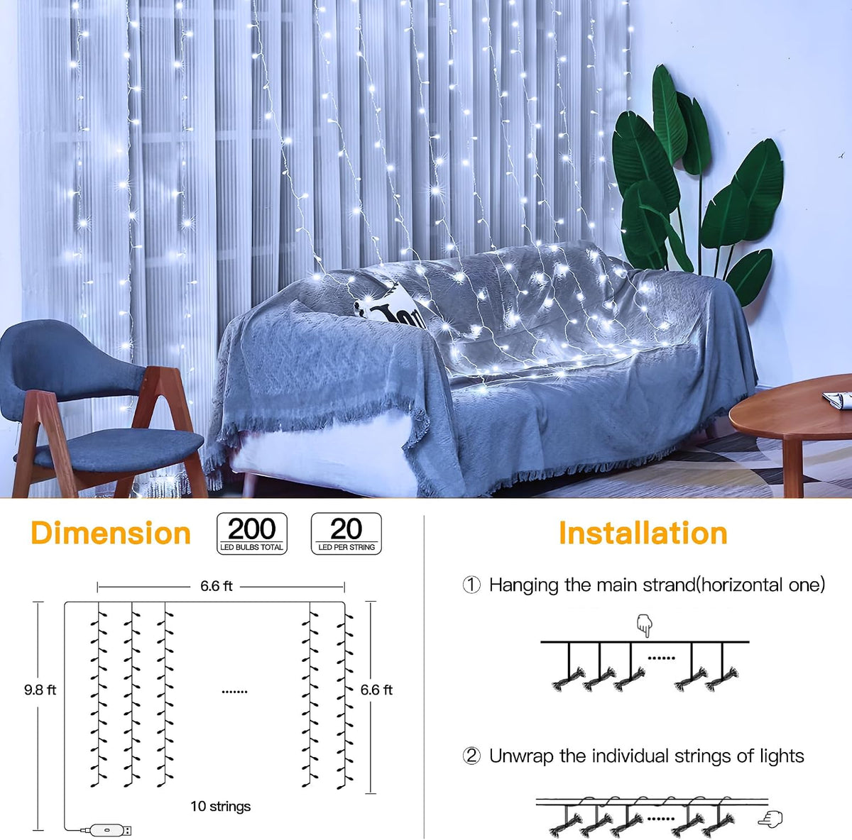 Ollny Curtain Lights 6.6x6.6ft, 200 LED White Christmas Lights with Remote