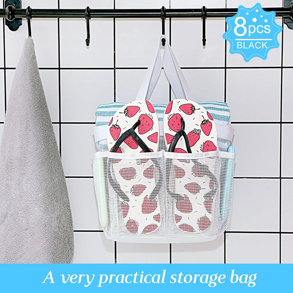 8 Packs Large Mesh Shower Caddy with 8 Pocket and Handle, White