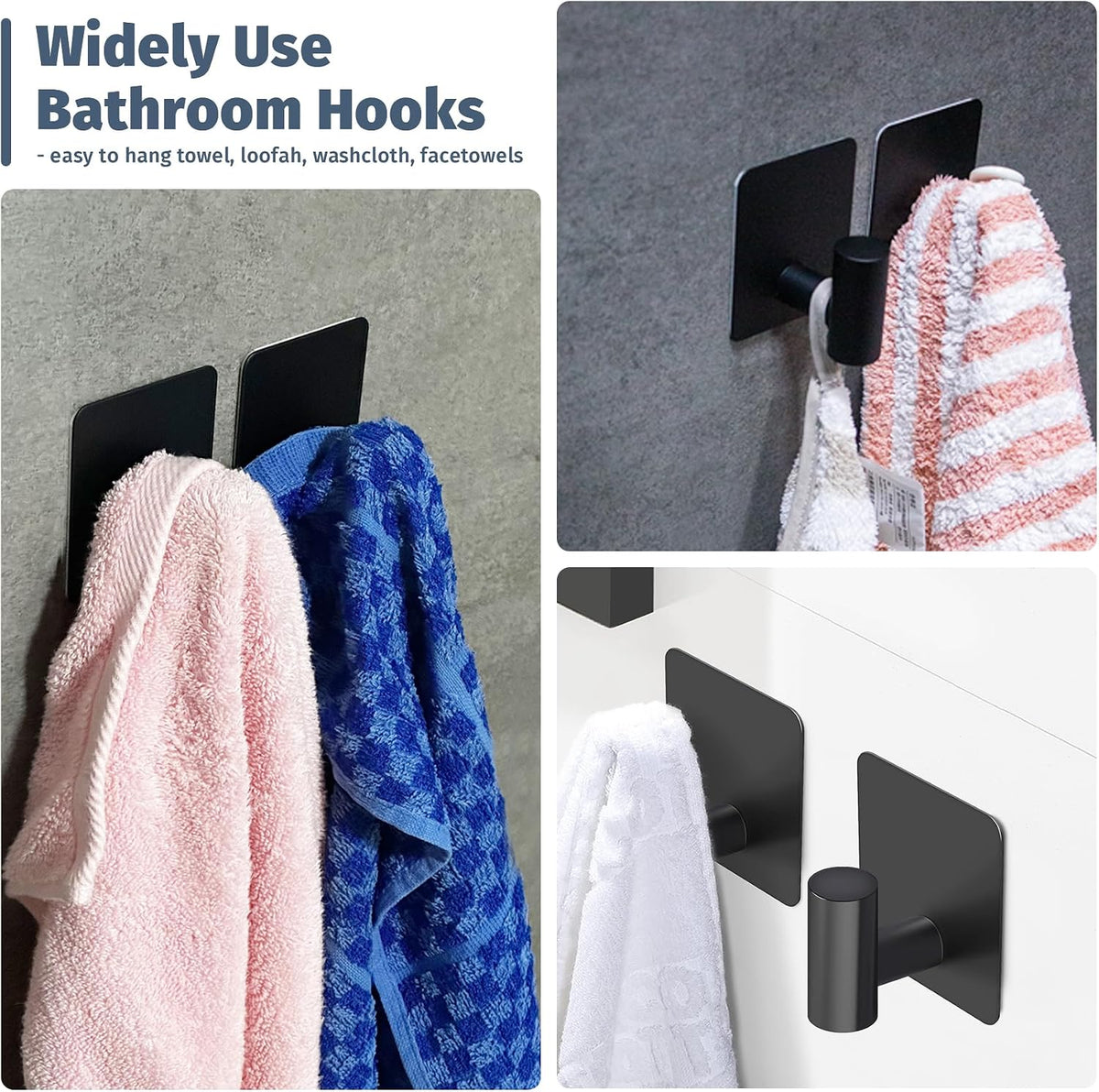 Rise age Adhesive Hooks, Adhesive Towel Hooks for Shower Wall Black 4 Pcs