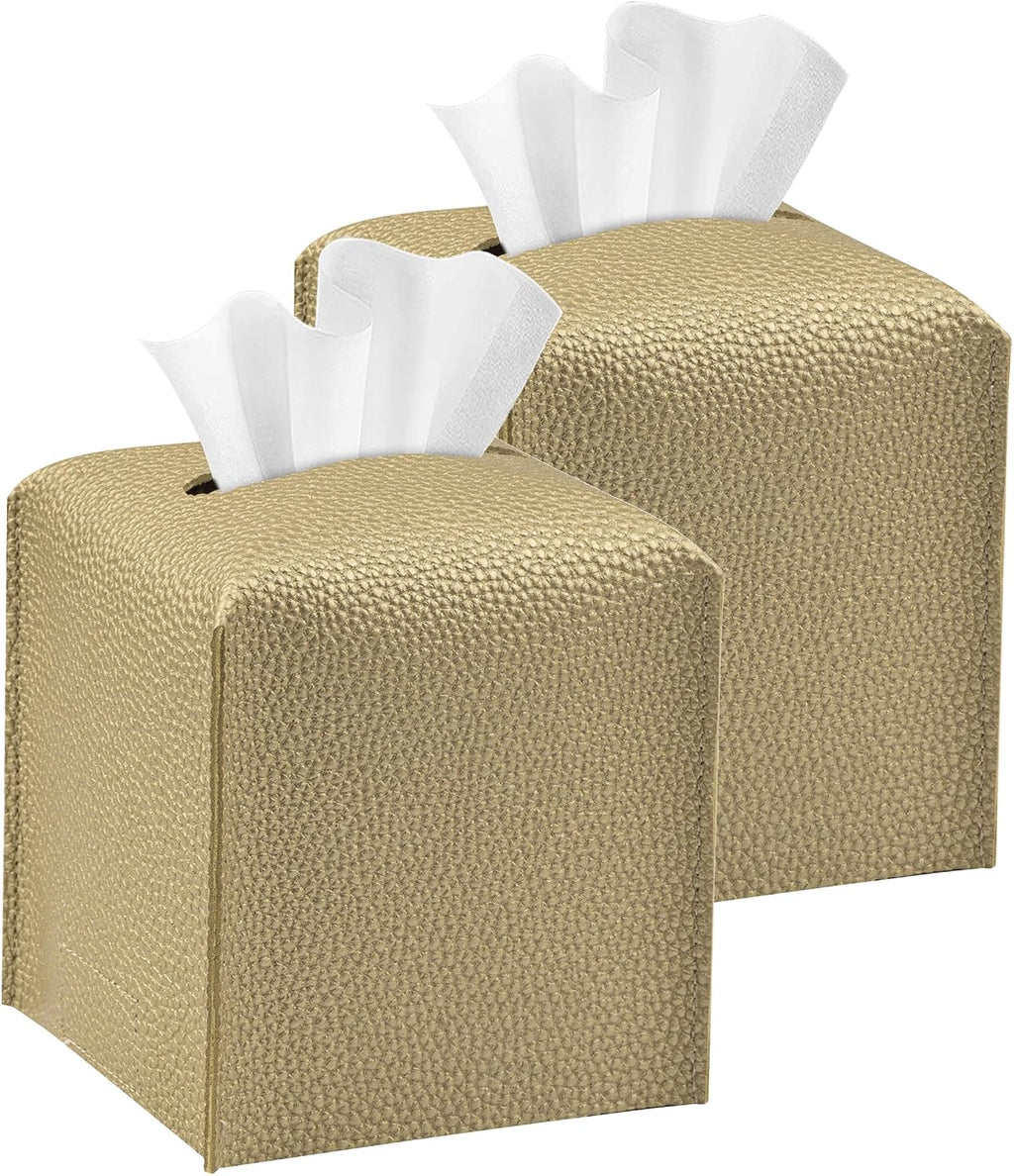 Square Tissue Box Cover PU Leather Tissue Holder for Bathroom, Cube Décorative Organizer, Tissue Paper Dispenser for Bathroom, Kitchen, Bedroom, Office, Tabletop (2, Gold)