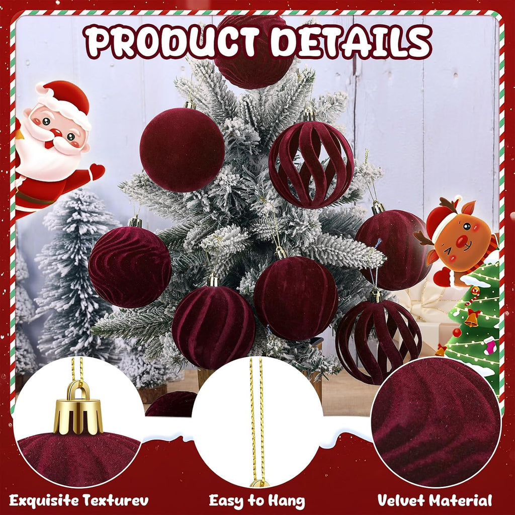DERTE 12Pcs 3.15in Velvet Christmas Tree Balls Ornaments (Burgundy)