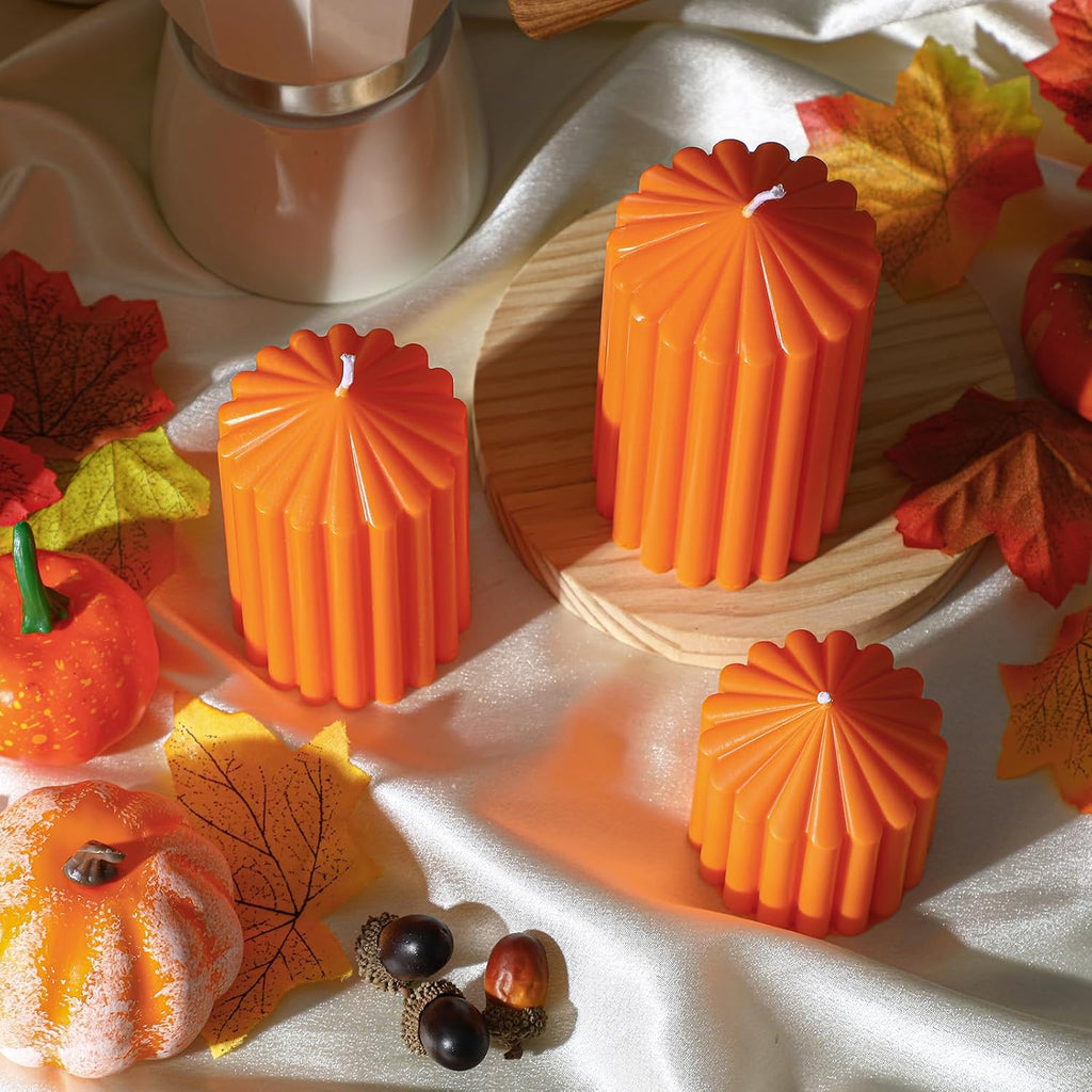 Conelist Set of 3 Fall Orange Ribbed Pillar Candles Soy Wax Scented Candles