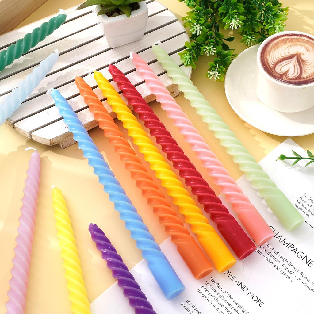 Whaline 12 Pcs 10 Inch Colored Spiral Taper Candles 12 Colors Dripless Twisted Wax Candles Long Unscented Candle Sticks for Holiday Celebration Display Home Decoration
