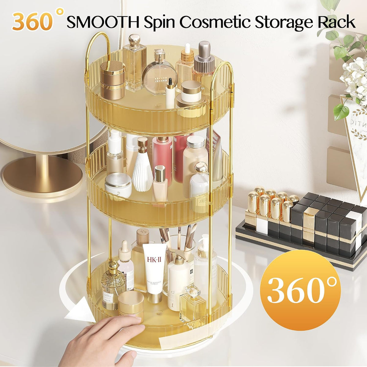 Rotating Makeup Organizer Countertop, 3 Tier, Gold