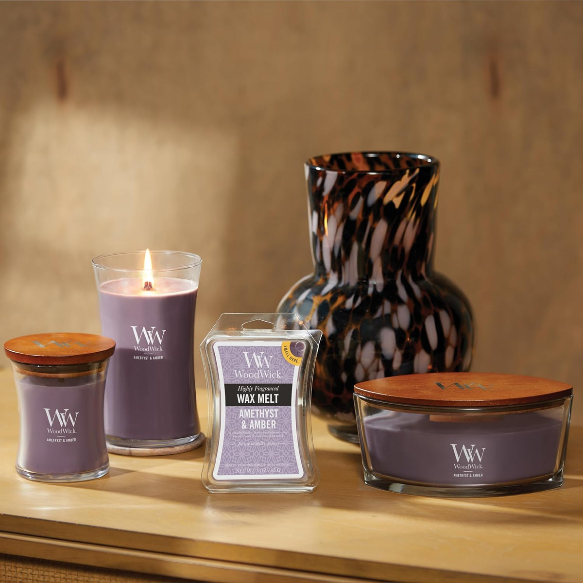 WoodWick Amethyst & Amber Gifts for Women and Men, 9.7 oz Medium Hourglass Candle with Crackling Wick (Pack of 4)