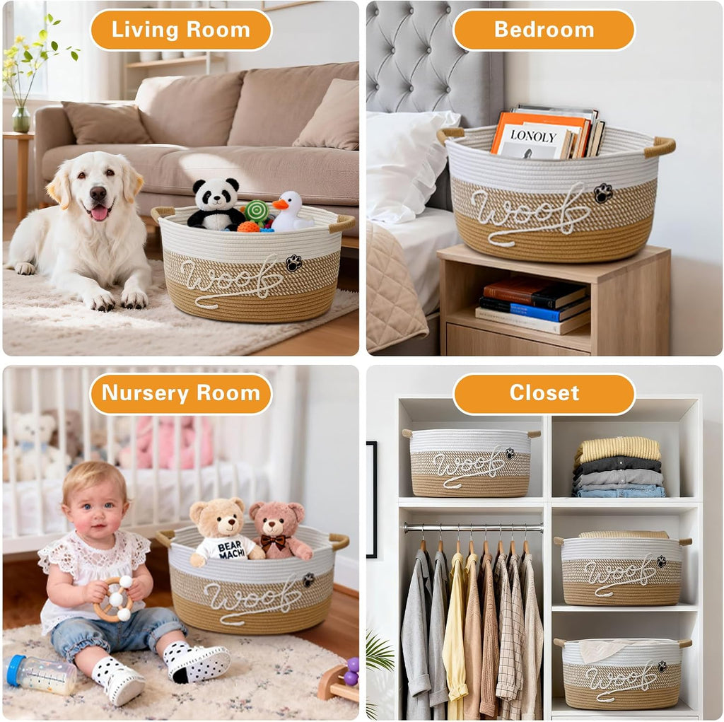 Woof Dog Toy Basket with Handles, Large Dog Toy Storage Bin with Paw Print, Woven Dog Basket for Blankets, Toys, Chews, Pet Toy Box for Nursery, Living Room, Bedroom, 20”x14”x9, Yellow