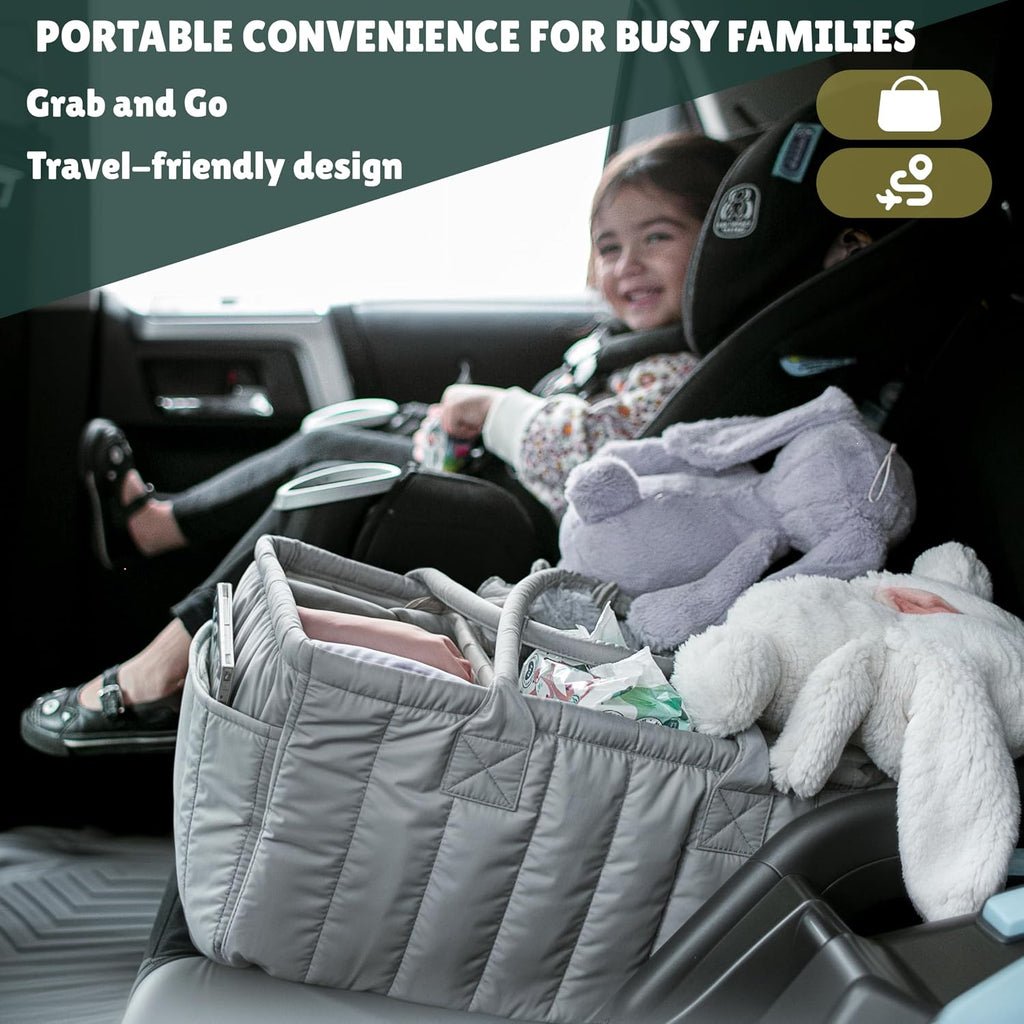Large Diaper Caddy Organizer with Handle Neutral Boy Girl – Baby Basket for Nursery, Car, Changing Table – Portable Baby Storage with Compartments – Perfect for New Parents and Baby Shower Gifts