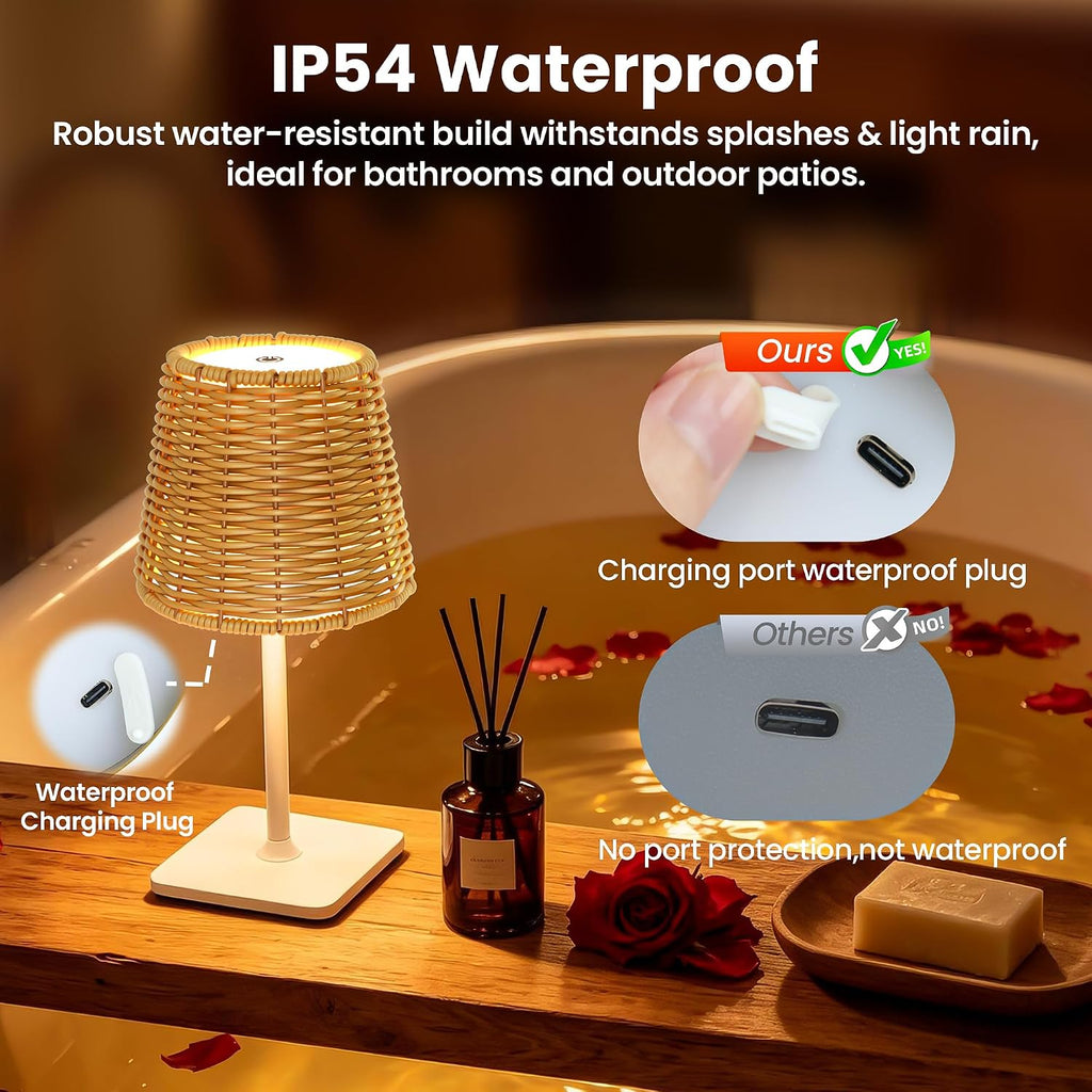 Waterproof Outdoor Rechargeable Cordless Set of 2 Table Lamp with Wicker Shade, Battery Operated Portable Table Light with Adjustable Height Pole, for Patio Restaurant Kitchen (White 2 Pack)