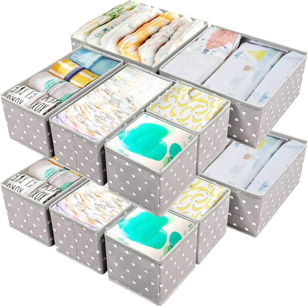 12 Pack Baby Clothes Organizer for Nursery Drawer - Foldable Fabric Dresser Dividers & Storage Bins for Diapers, Onesies, Accessories - Mydou Tidy Grey Heart Decorative Organizers