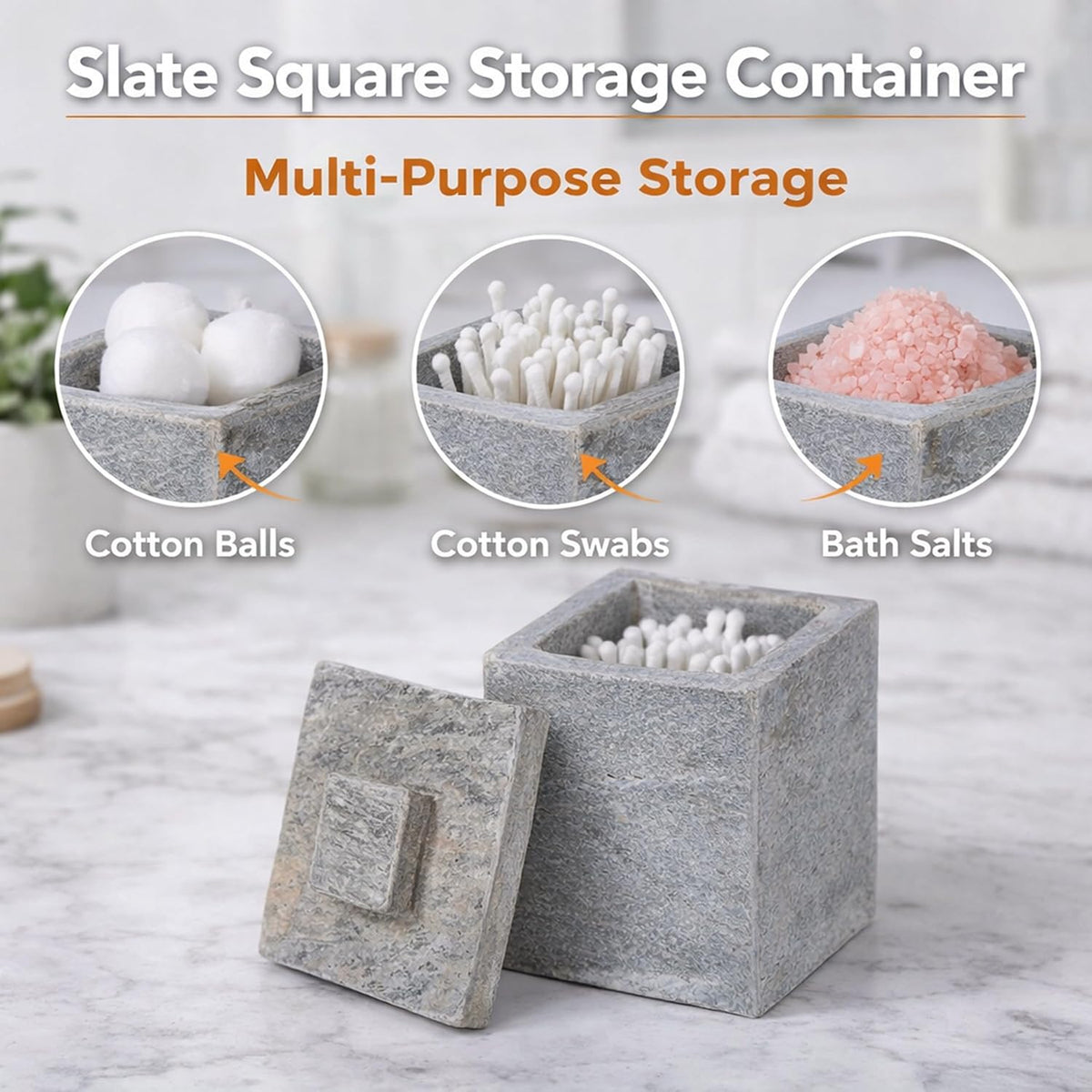 Creative Home Natural Slate Stone Cotton Ball Swab Holder Canister Jar