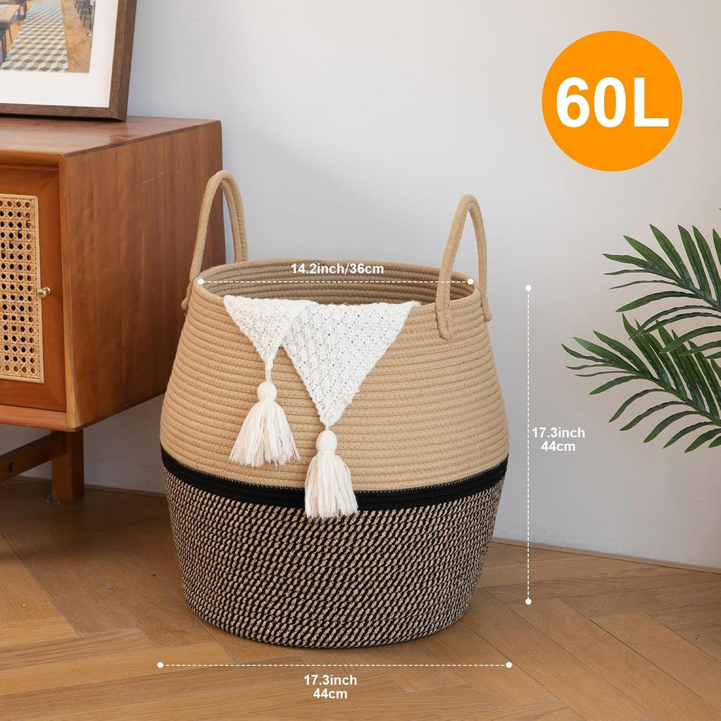 OIAHOMY 60L Blanket Basket with Handle, Storage Basket for Living Room, Laundry Hamper for Clothes, Towels, Pillows, Toy Storage for Kids and Dogs, Baby Hamper for Nursery - Brown & Black