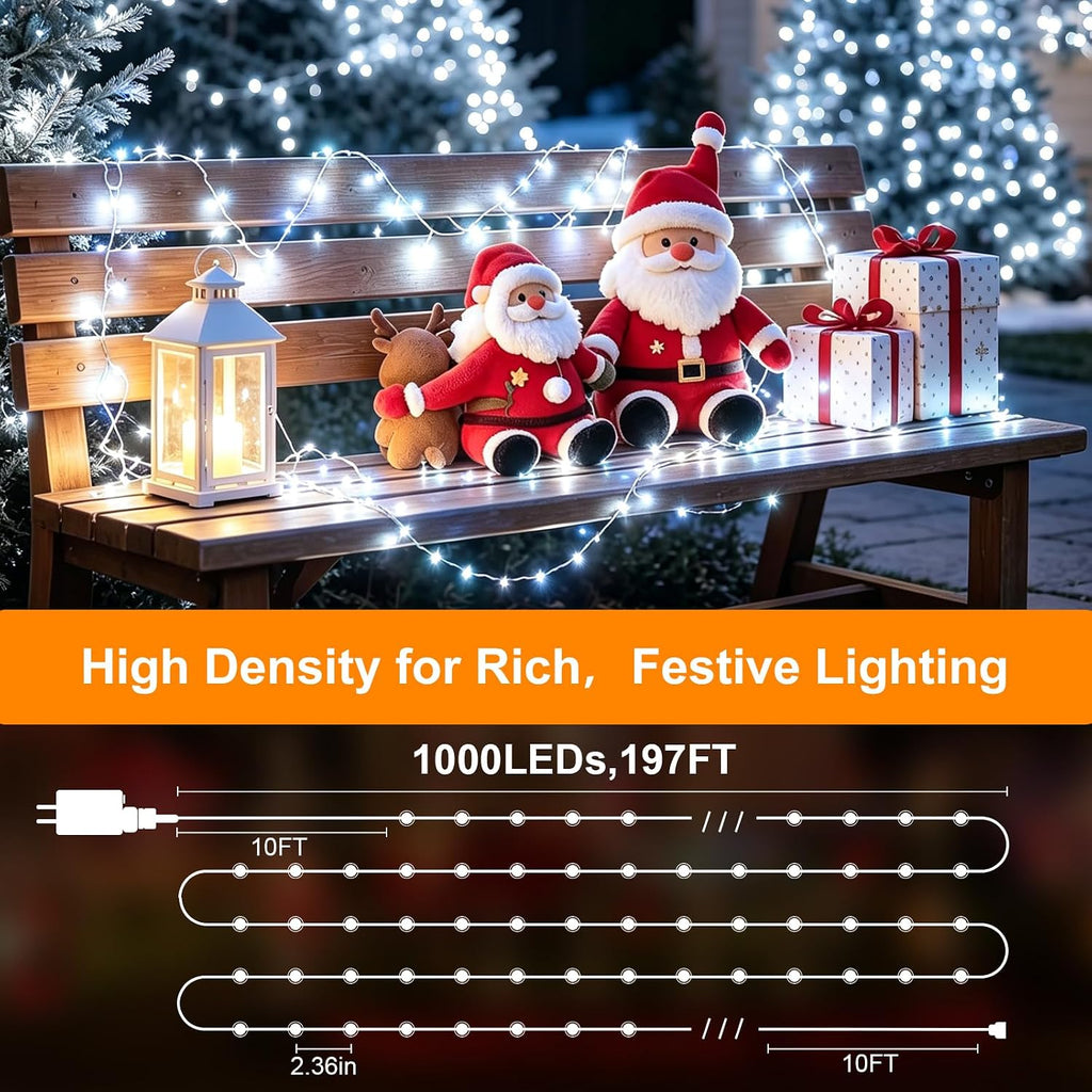 Outdoor String Lights 197ft 1000 LED Cool White Silver Copper Wire Fairy Lights with Remote Listed Plug-in Christmas Lights 8 Modes Low Voltage Twinkle Lights for Garden Patio Yard Tree Wedding Party
