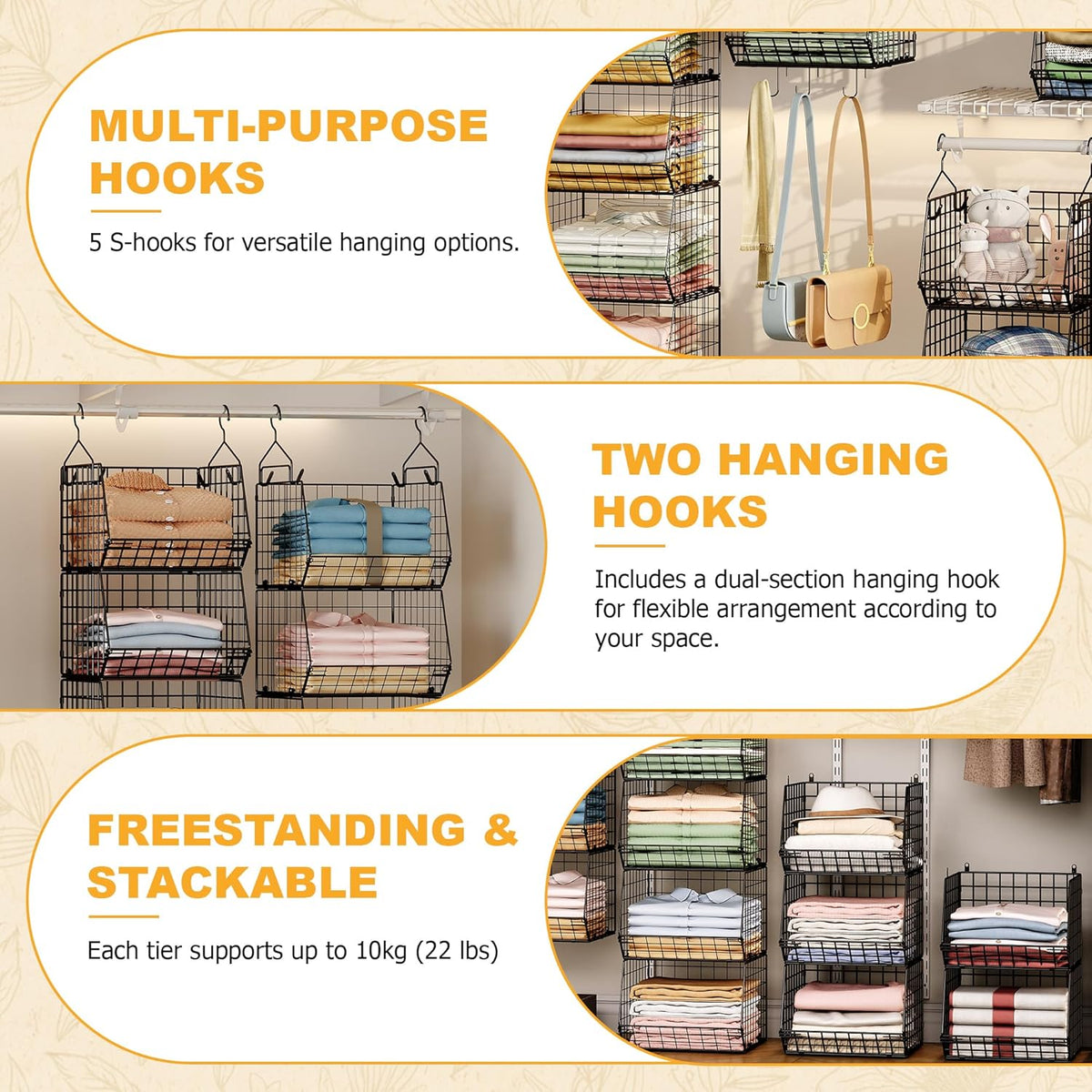 X-cosrack 3-Tier Hanging Closet Organizer, Laundry Room Organization | Space Saving Shelves with 1.65" Hook & 5 S-Hooks | Hanging Wire Baskets (12.4" W x 8.8" H x 10.24-11.8" D)