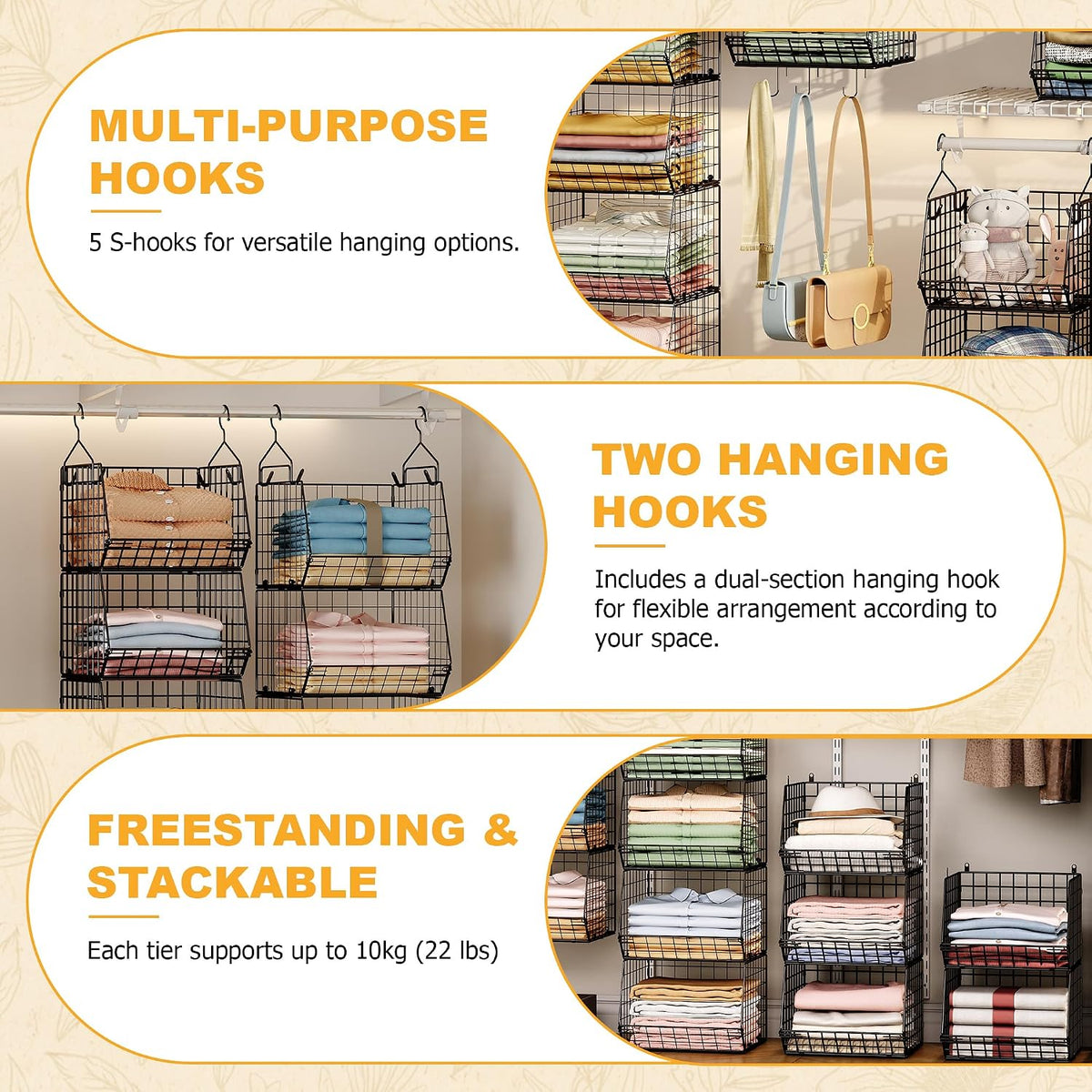 X-cosrack 7 Tier Foldable Hanging Closet Organizer and Storage,Wire Closet Shelving with 4 Large Hooks+ 5 S Hooks,Hanging Basket for Clothes Sweaters Shoes Handbags,Small Closet Organizers