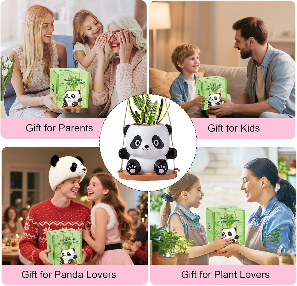 Swing Panda Hanging Planters for Indoor Plants, Cute Succulent Pots with Drainage Hole, Small Hanging Flower Pots Outdoor, Panda Gifts for Plant Lovers (Girl-Pink)