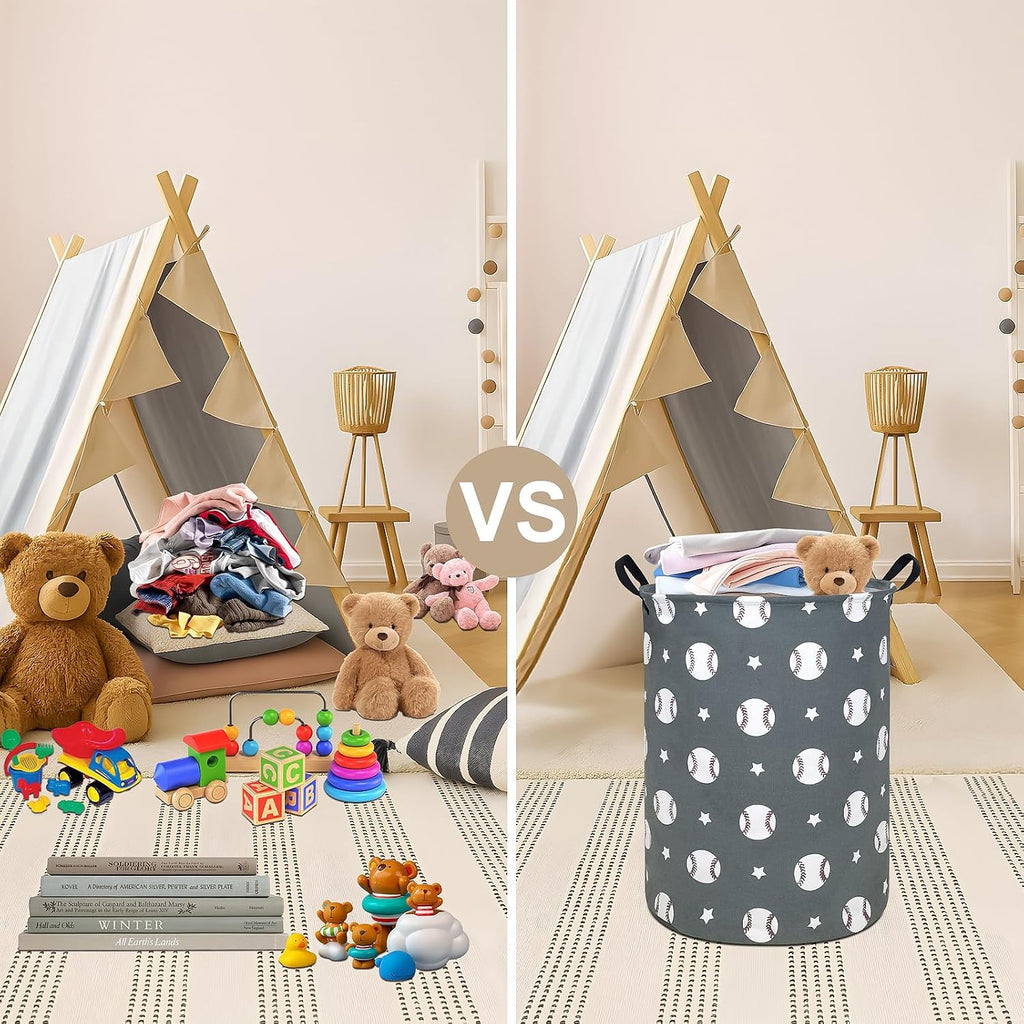 Round Fabric Collapsible Storage Basket with Handles, Grey Baseball