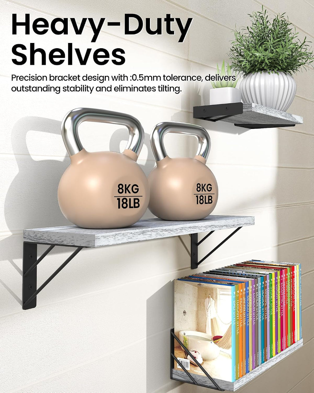 BAYKA Wall Mounted Floating Shelves (Gray and White, Set of 3, 16" Mixed)