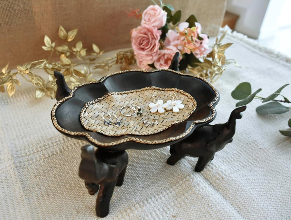 AeraVida Triumphant Elephants Carved Rain Tree Wooden Bowl | Handmade Rustic Decorative Bowl for Serving Snacks, Fruits, and Home Decor | Eco-Friendly Nature-Inspired Centerpiece (Style5)