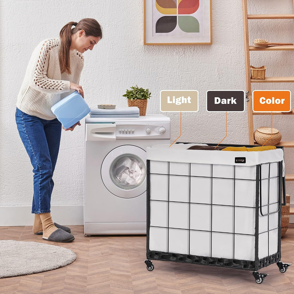 132L Laundry Hamper with Lid, 3-Section Laundry Basket with Rolling Wheels