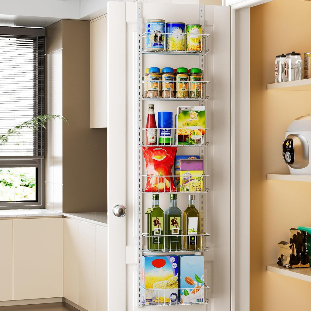Delamu Pantry Door Organizer, Adjustable Metal Over the Door Pantry Organizer Rack, 6-Tier Over the Door Spice Rack, Kitchen Pantry Door Organizers and Storage, D5 W12 H52.1 inch, White, Small