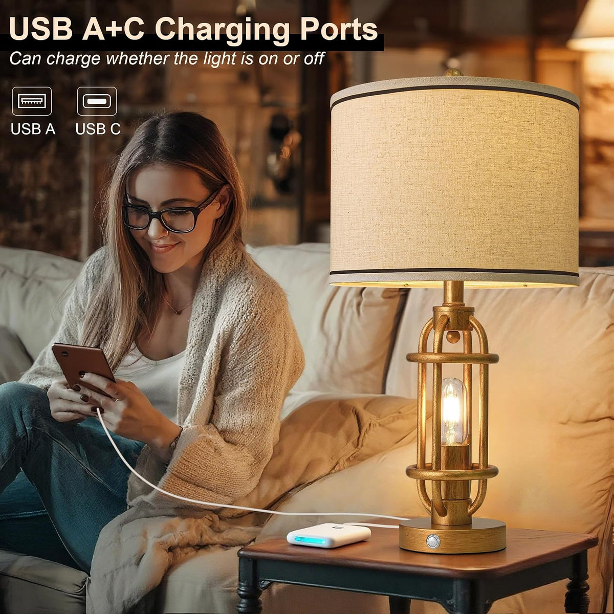 G-SAFAVA 23.75'' Table Lamps Set of 2 for Living Room Bedroom Industrial Farmhouse Metal Touch Lamps with USB A+C Ports, Night Light Vintage Nightstand Bedside Lamp, Bulbs Included, Antique Gold