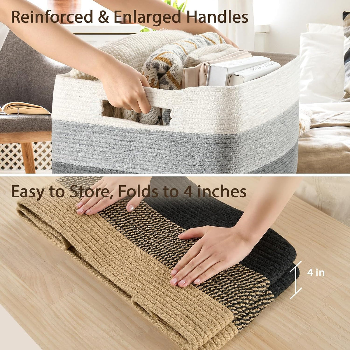 Optish 95L Large Woven Blanket Basket, Storage Basket with Handles, Grey