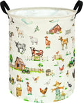 Farm Animal Laundry Hamper, Round Collapsible Laundry Basket with Handles, Cotton Linen Storage Bin for Clothes, Blankets, Toys, Bedroom, Dorm Room and Farmhouse Decor