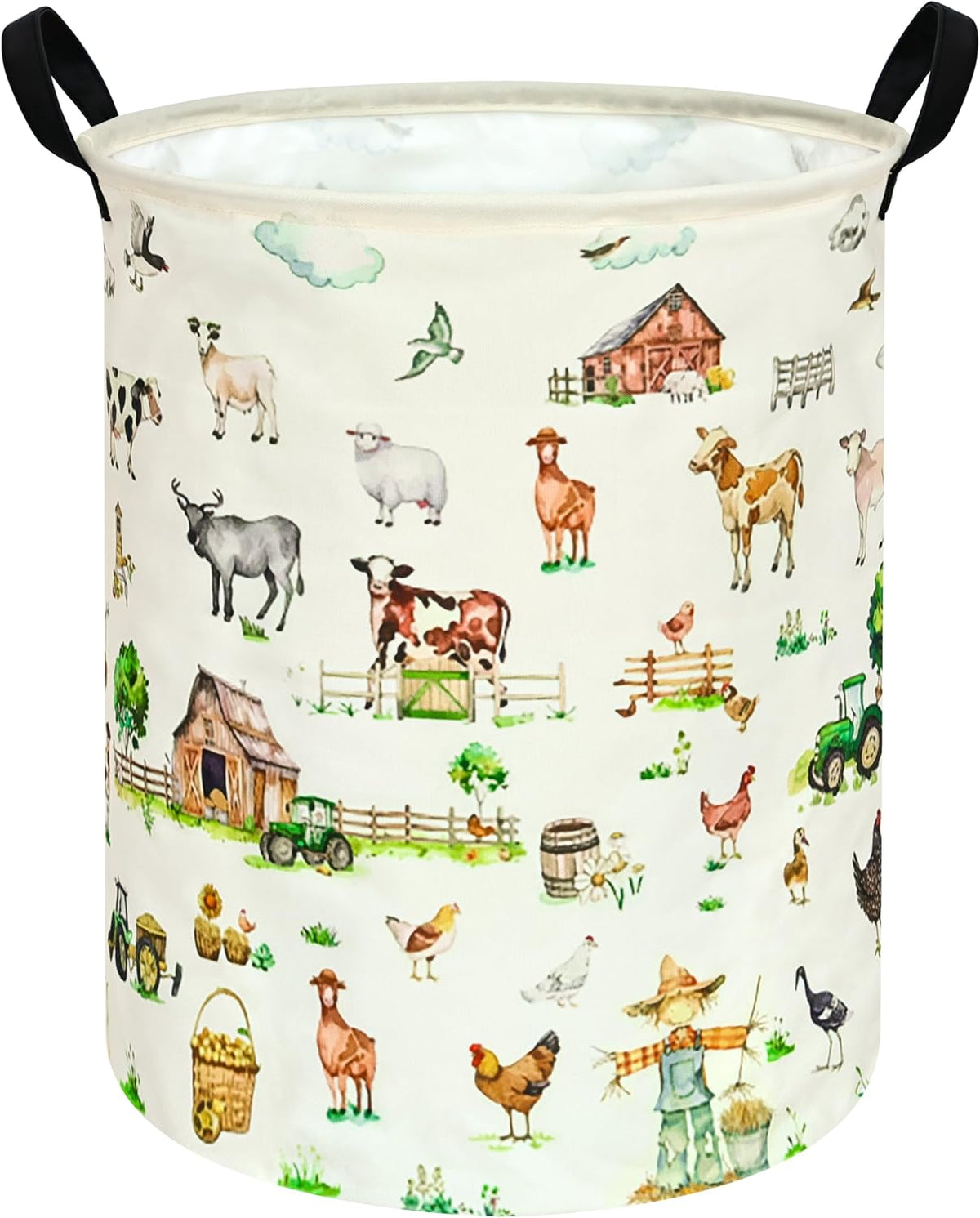Farm Animal Laundry Hamper, Round Collapsible Laundry Basket with Handles, Cotton Linen Storage Bin for Clothes, Blankets, Toys, Bedroom, Dorm Room and Farmhouse Decor