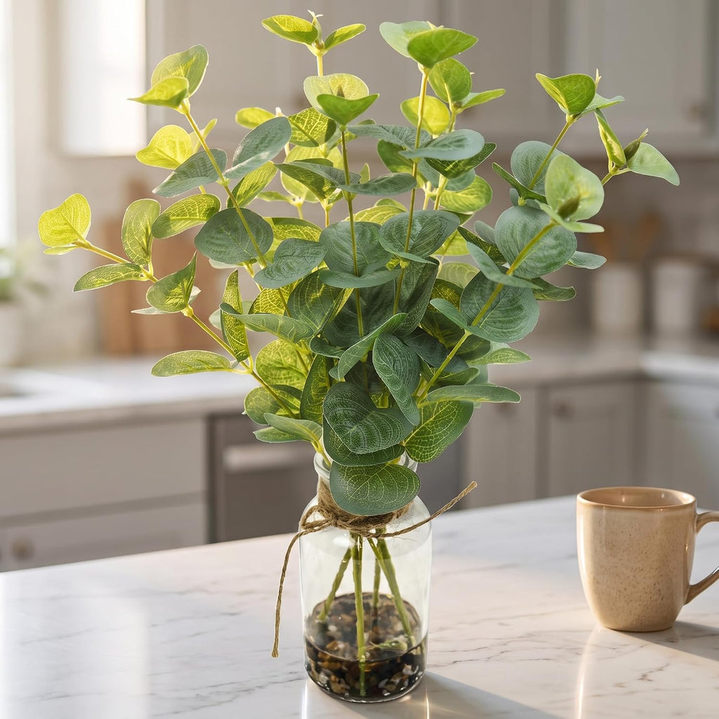Artificial Eucalyptus Stems in Glass Vase with Faux Water, 13.5" Fake Plants for Home Decor, Office, Bathroom & Farmhouse Weddings - Faux Greenery Plants Decorations