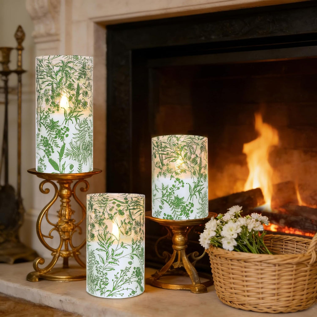 Green Botanical Glass Flameless Candles with Remote & Timer Fern Leaves Design Battery Operated Flickering Pillar LED Candles for St. Patrick's Day Home Party Decor Table Centerpiece