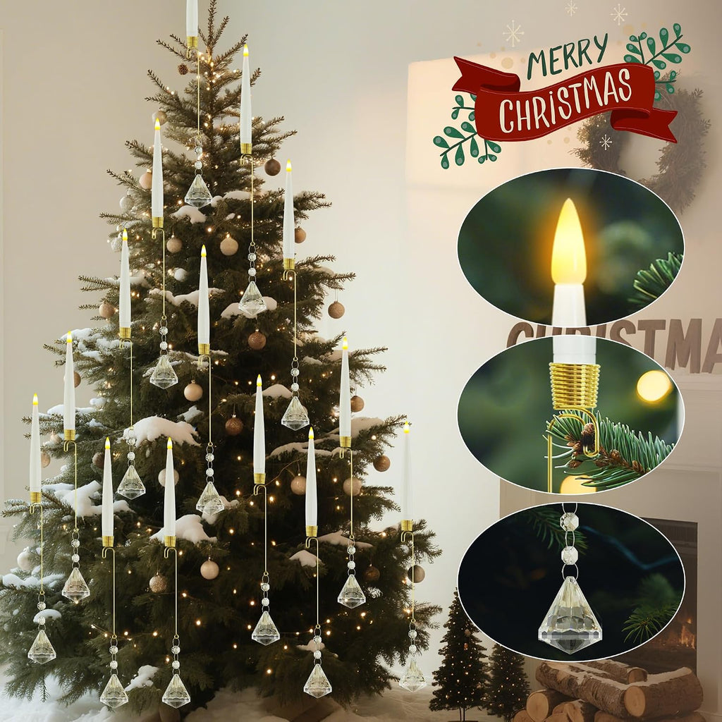 Christmas Tree Candles Battery Operated with Remote, Clip on Candles with Crystal Diamond Ornaments & Hooks for Christmas Tree, Flickering LED Candlesticks for Winter New Year Home Party Decor, 10 Pcs