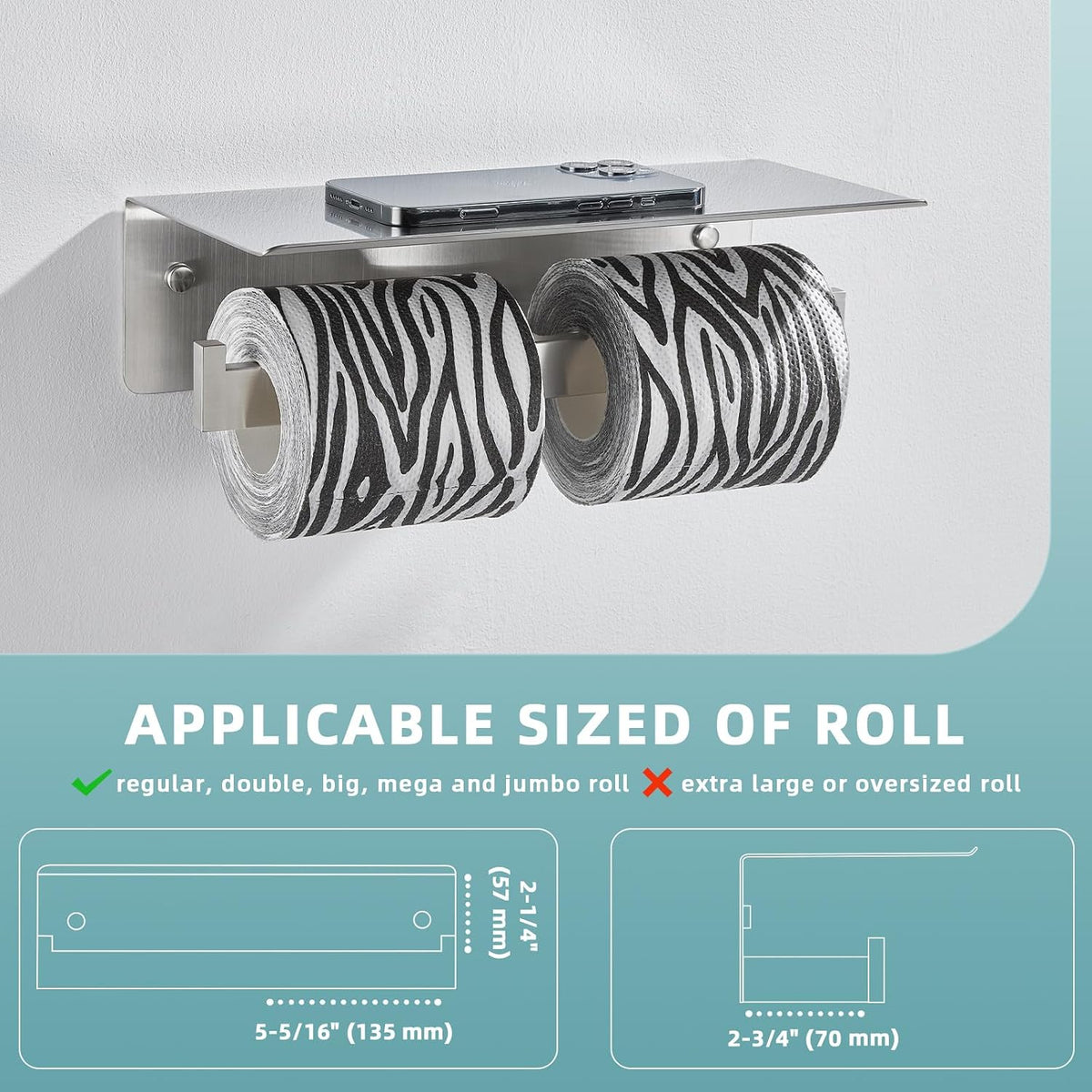 Angle Simple Double Toilet Paper Holder with Shelf, Brushed Nickel