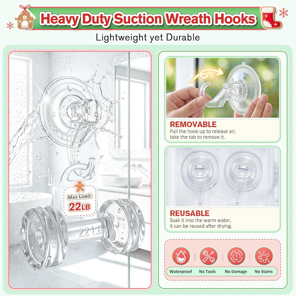 VIS'V Suction Wreath Hanger, Heavy Duty, 22 LB, Large, Clear, 8 Pcs
