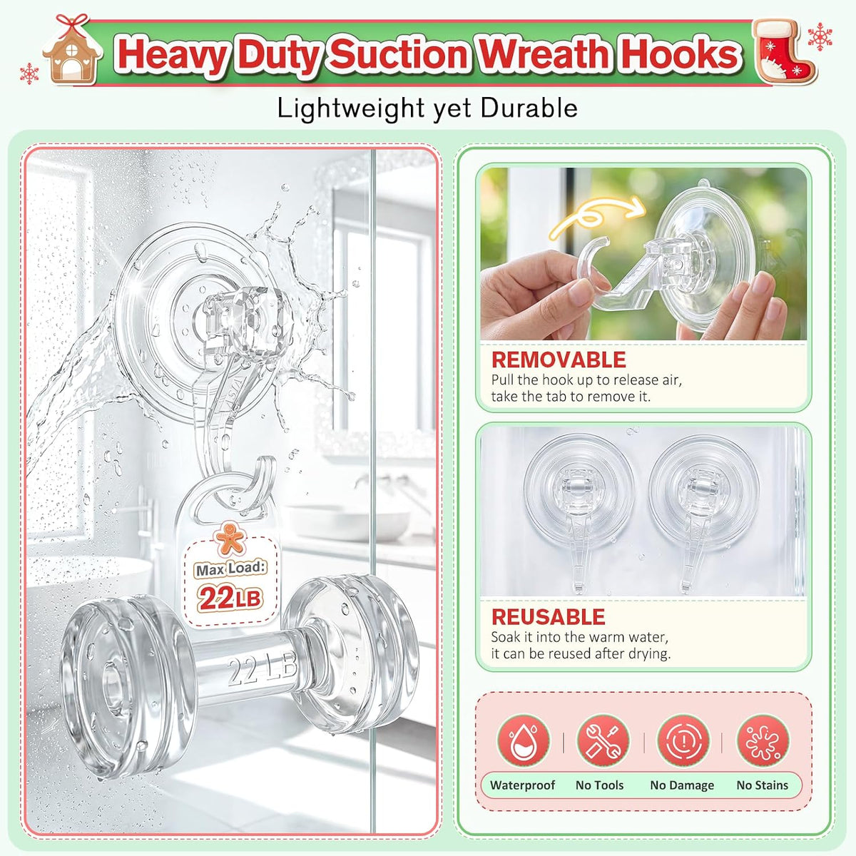 VIS'V Suction Wreath Hanger, Heavy Duty, 22 LB, Large, Clear, 8 Pcs