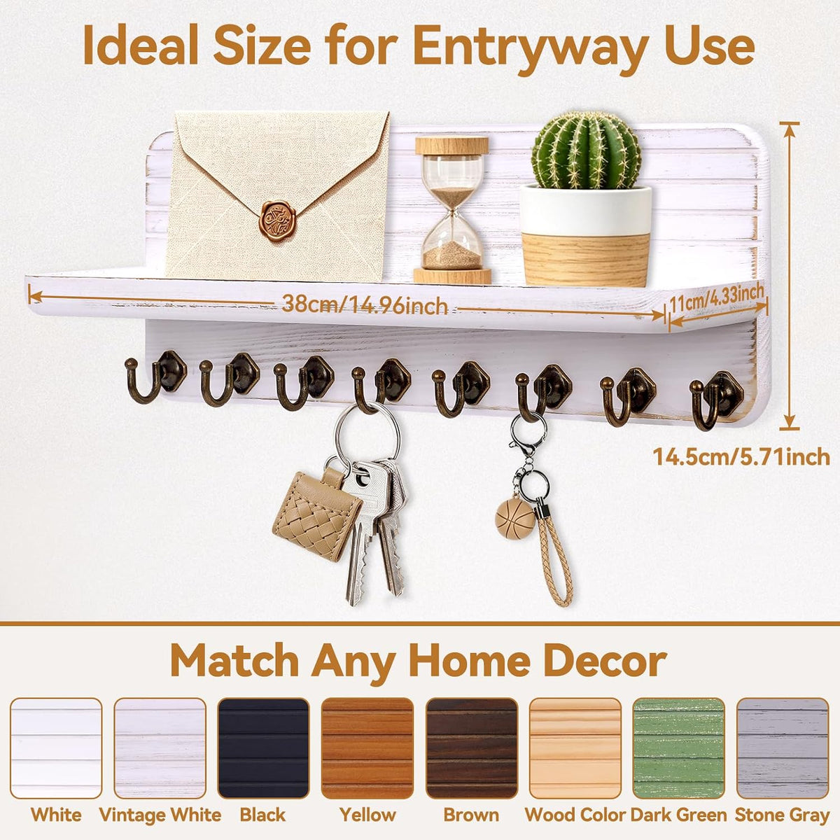 Key Holder for Wall, Mail Organizer Wall Mount with 8 Hooks Wooden Hanging Key Rack for Home Decor, Hallway, Entryway (Vintage White)